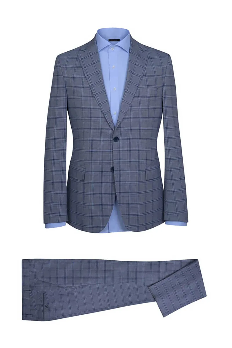 Prince Oliver ανδρικό κοστούμι με καρό σχέδιο Modern Fit - 12989060 Μπλε Ανοιχτό