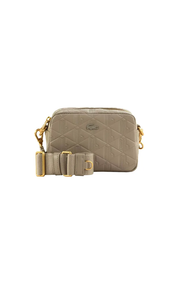 Lacoste γυναικεία δερμάτινη τσάντα ώμου με all-over monogram "Small Maheki" - NF4875MH Μπεζ