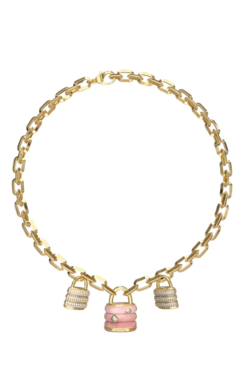 GUESS STEEL GUESS MY SECRET JUBN05409JWYGRST/U Κολιέ Χρυσό Με Κρεμαστρά Λουκετάκια Ροζ Και Χρυσά Με Πέτρες