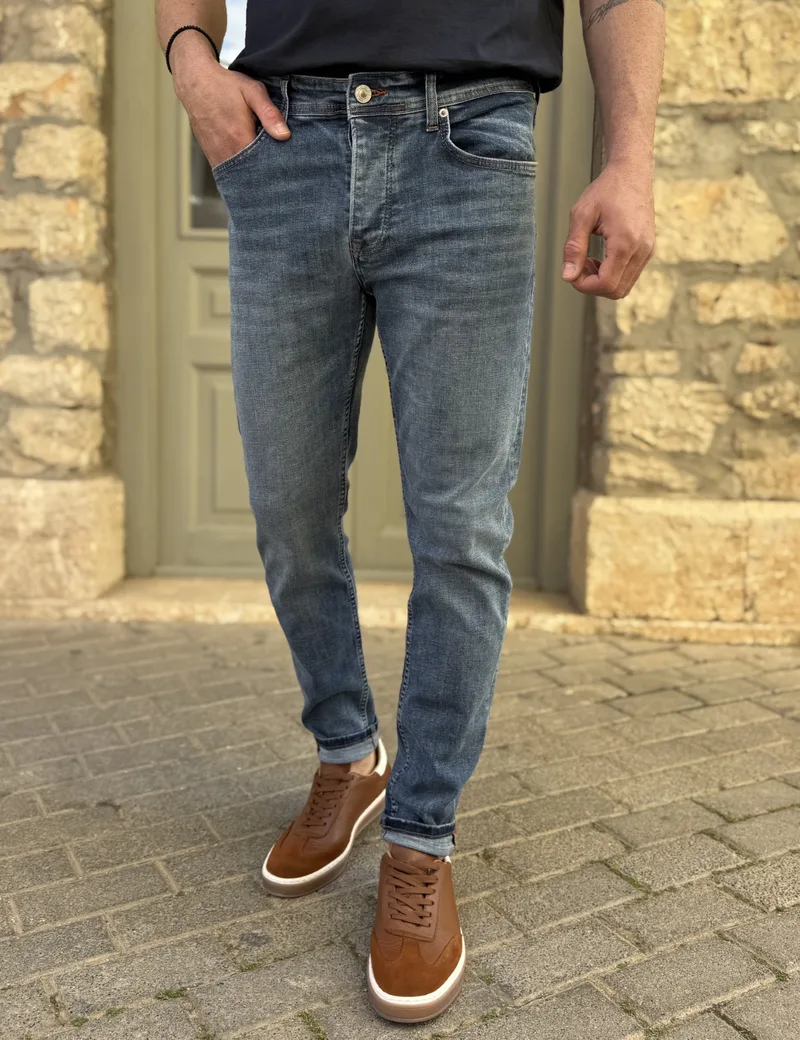 Ανδρικό Slim μπλε τζιν παντελόνι πεντάτσεπο με κουμπιά 3LN502