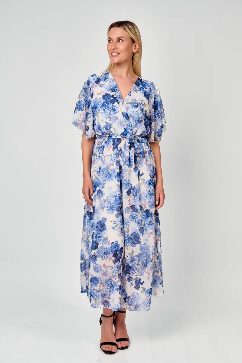 Maxi Φόρεμα Floral Με Ζώνη Μπλε