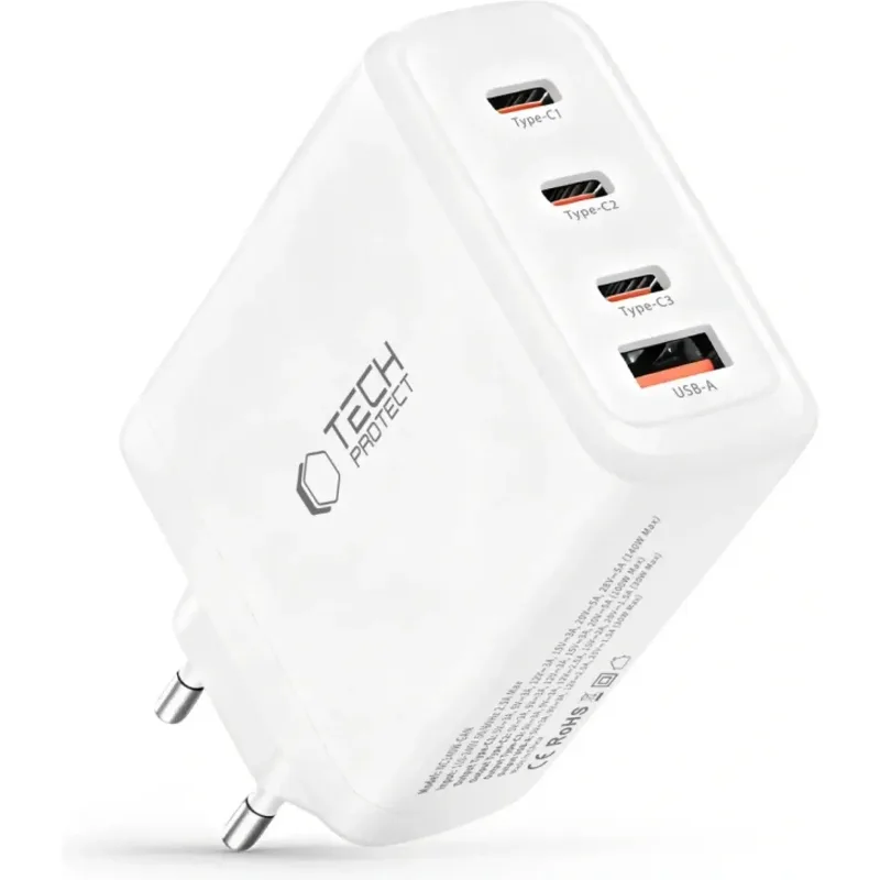 Φορτιστής Tech-Protect NC140W GaN Γρήγορος Ταξιδιού / Αντάπτορας με 1 x USB-A / 3 x Type-C 140W - White (5906302335947)