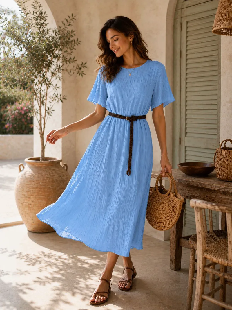 Midi Φόρεμα Πλισέ Με Ζώνη & Κοντό Μανίκι – Σιέλ | Dress Up Σιέλ