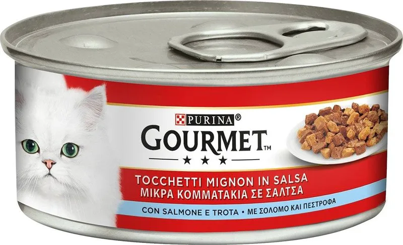 ΚΟΝΣΕΡΒΑ ΓΑΤΑΣ PURINA GOURMET ΠΕΣΤΡΟΦΑ - ΣΟΛΟΜΟ (195GR)