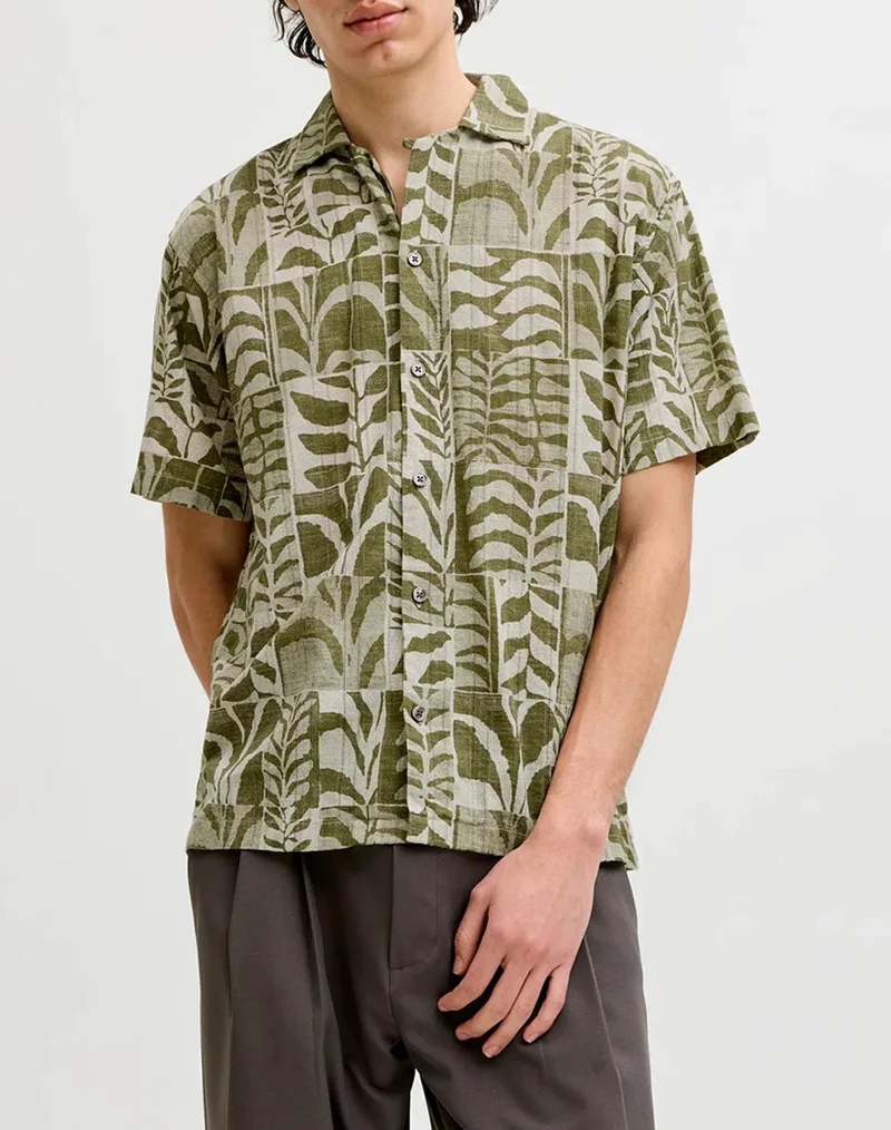 JACK&JONES JPRBLULYON PRINT DOBBY S/S SHIRT SN 12291968-MermaidREALXFIT Khaki