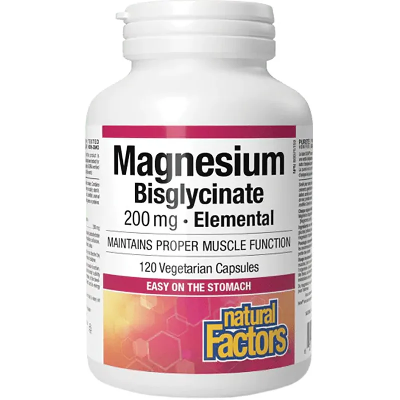 Natural Factors Magnesium Bisglycinate 200mg Συμπλήρωμα Διατροφής Μαγνησίου Δισγλυκινικής Μορφής Υψηλής Απορρόφησης Ήπιο στο Στομάχι που Καταπραΰνει το Νευρικό Σύστημα, Βοηθάει στην Ψυχολογία & στην Καλή Υγεία των Οστών & Μυών 120caps