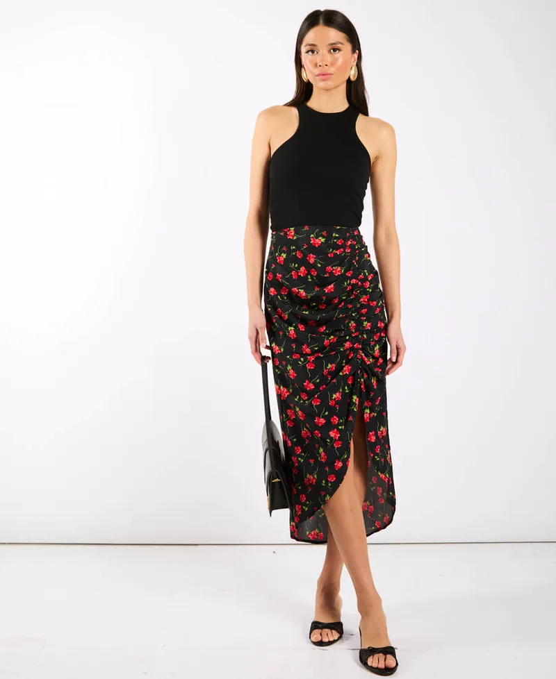 Black Floral Ruche Side Midi Skirt | Clothing Size: 12