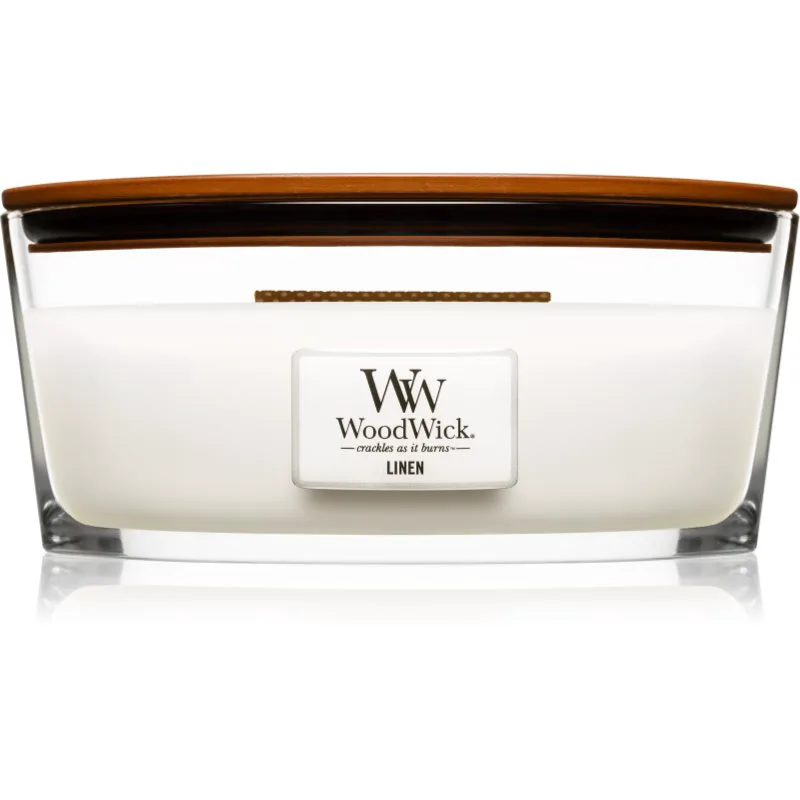 Woodwick Linen αρωματικό κερί με ξύλινο φιτίλι (hearthwick) 453.6 γρ