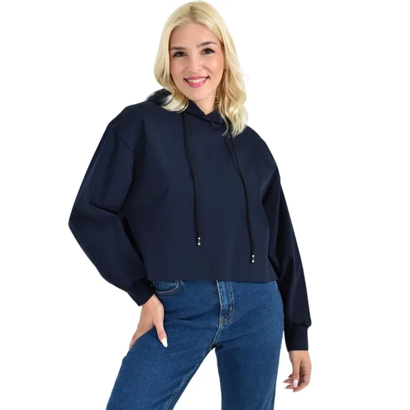 Γυναικείο Cropped Hoodie με Μαύρα Κορδόνια Και Τσέπες Μπλε Σκούρο 27088