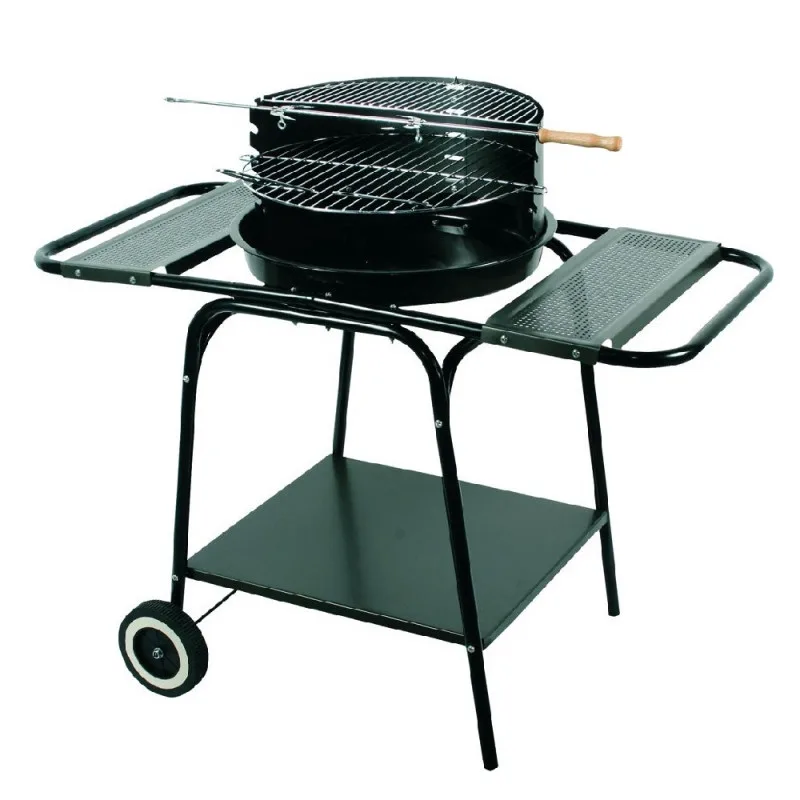 Στρογγυλό μπάρμπεκιου MasterGrill MG906, 46 cm, 3 ράφια, Σούβλα ψησταριά, 2 ρόδες, Εμαγιέ χάλυβα, Μαύρο,