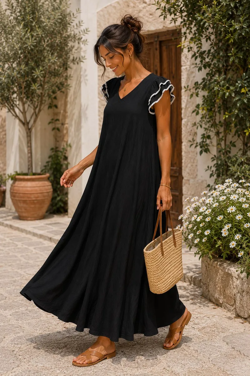 Αέρινο Maxi Φόρεμα με Βολάν Μανίκια - Μαύρο | Dress Up Μαύρο