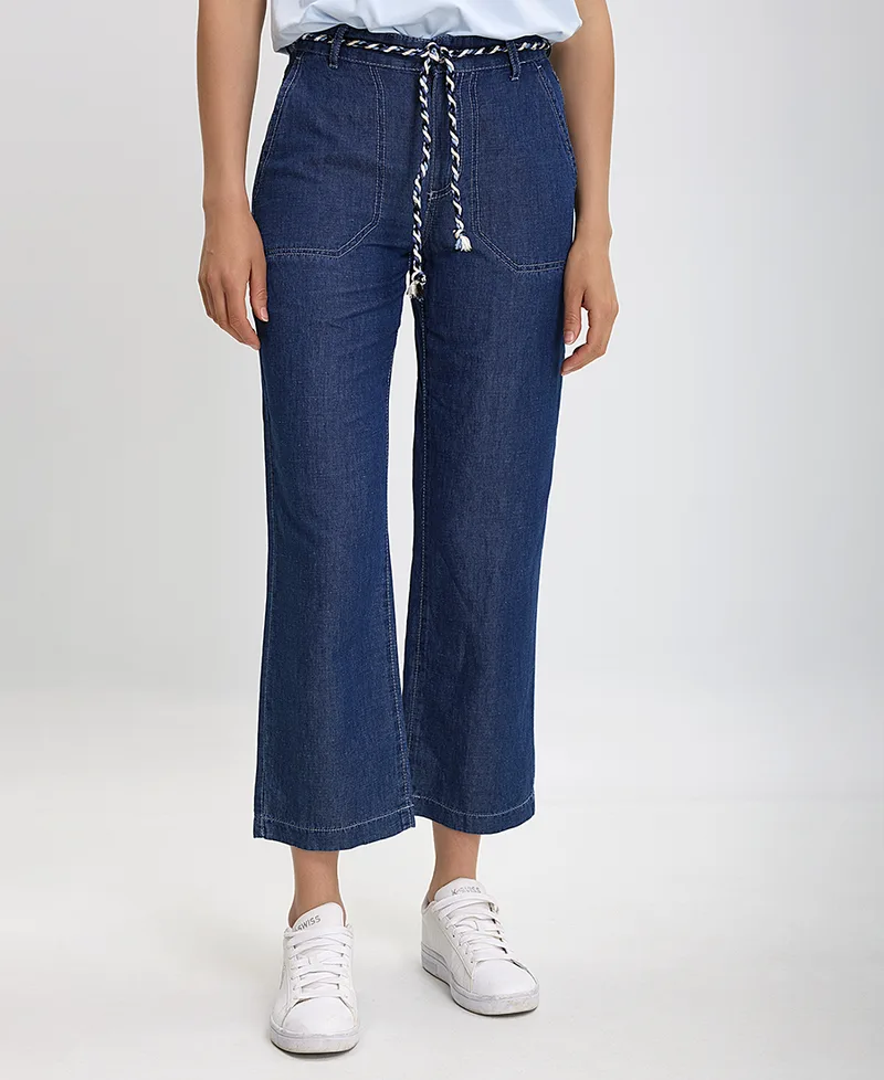 Cropped Παντελόνι από Λινό με Denim Όψη