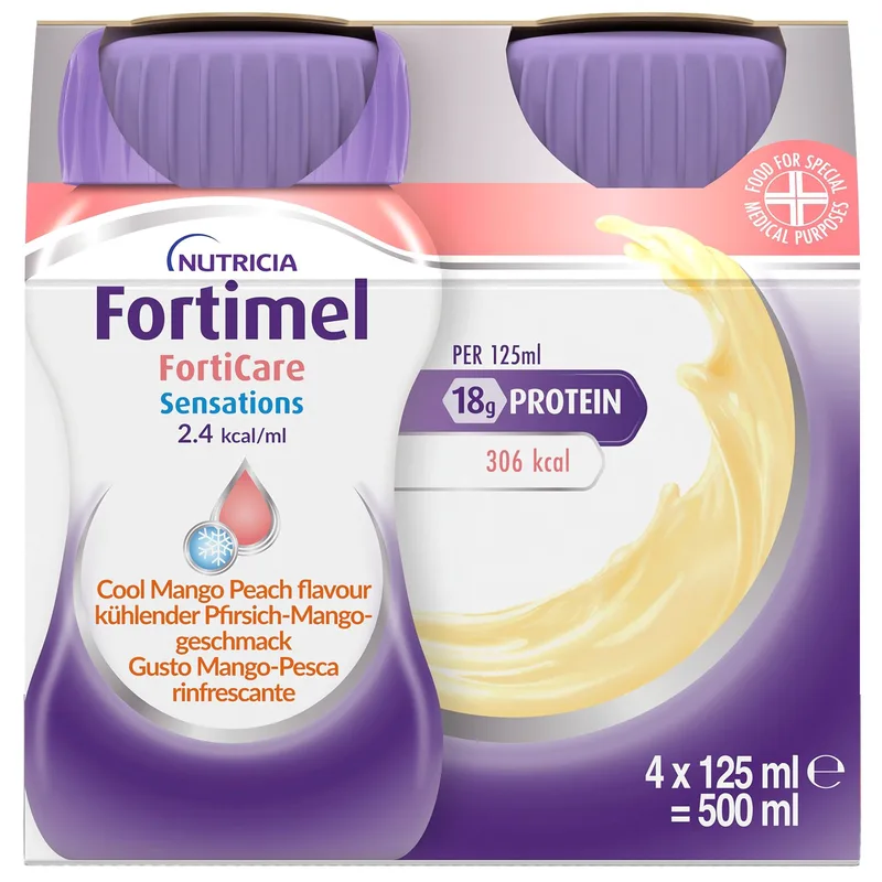 Nutricia Fortimel Forticare Sensations 2,4 kcal/ml Mango/Peach Πόσιμο Θρεπτικό Σκεύασμα Πλούσιο σε Πρωτεΐνες,Μέταλλα & Ιχνοστοιχεία για την Αντιμετώπιση Προβλημάτων Υποσιτισμού & Δυσθρεψίας που Σχετίζονται με Ασθένεια,Γεύση Μάνγκο Ροδάκινο 4x125ml