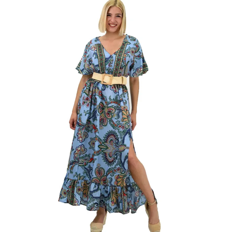 Γυναικείο μεταξωτό boho φόρεμα με κουμπιά χωρίς ζώνη Γαλάζιο 20647