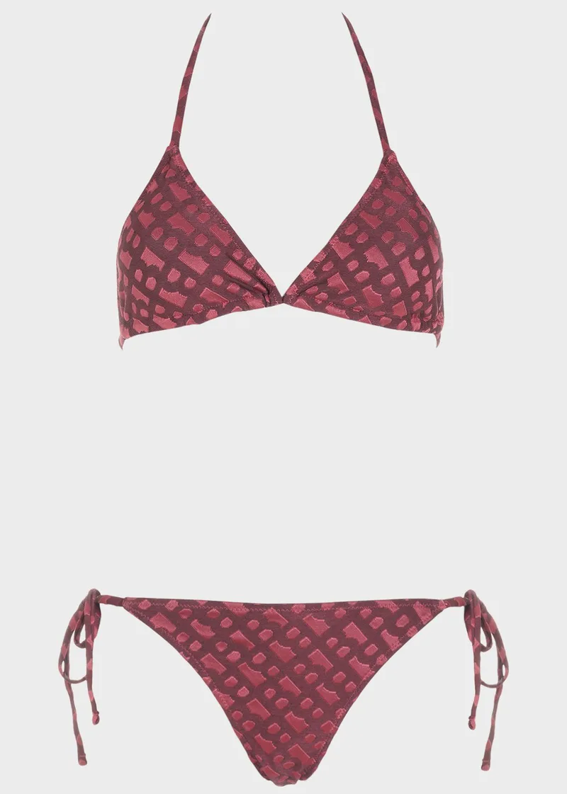 Bikini τριγωνάκι μονόχρωμο βελουτέ σχέδια.Καλύπτει στήθος B Cup ΜΠΟΡΝΤΩ
