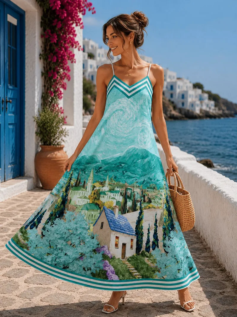 Maxi Εμπριμέ Φόρεμα με Τιράντες - Βεραμάν | Dress Up Βεραμάν