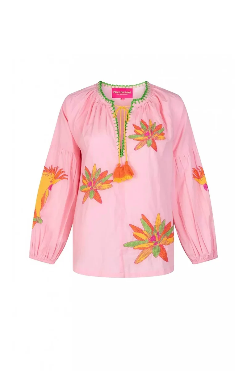Place du Soleil γυναικεία μπλούζα εμπριμέ "Lilies Ροζ Ροζ & Yellow" - S25-340 Ροζ