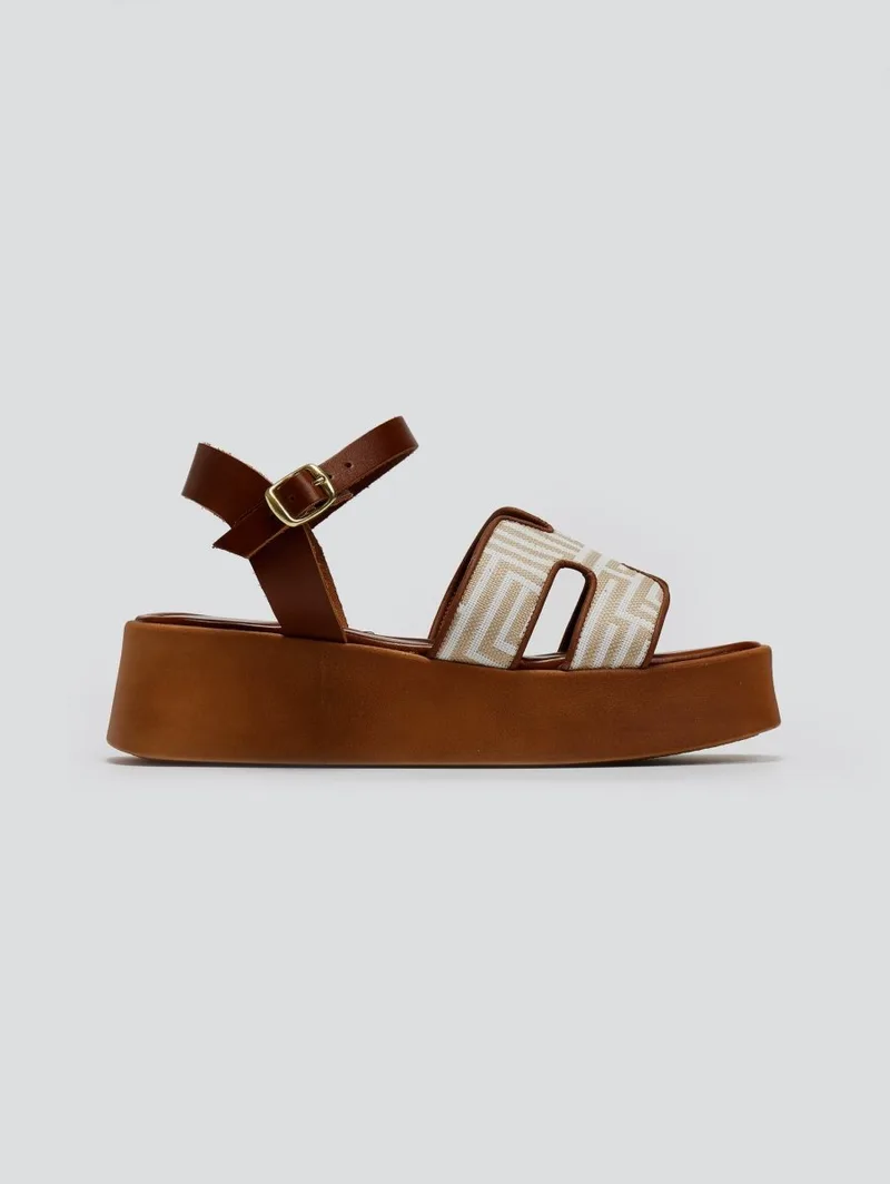 Estil Flatform Sandals Fabric Strap - 1203 (ύφασμα print maiandros) - Tan