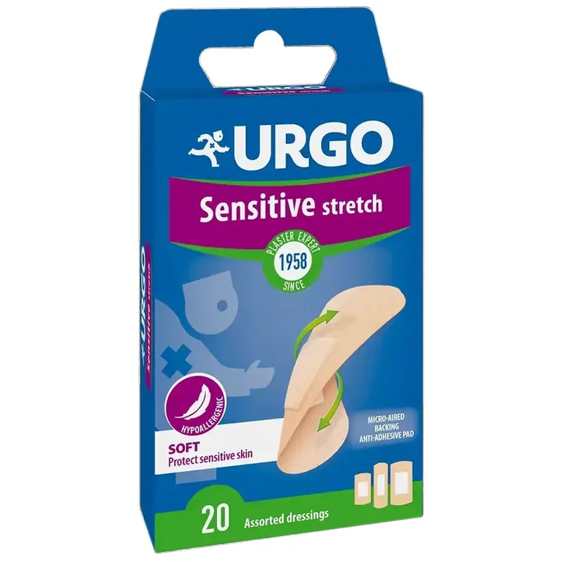 Urgo Sensitive Stretch Pads Αντισηπτικά Αυτοκόλλητα Επιθέματα Ιδανικά για την Προστασία του Ευαίσθητου Δέρματος 20 Τεμάχια
