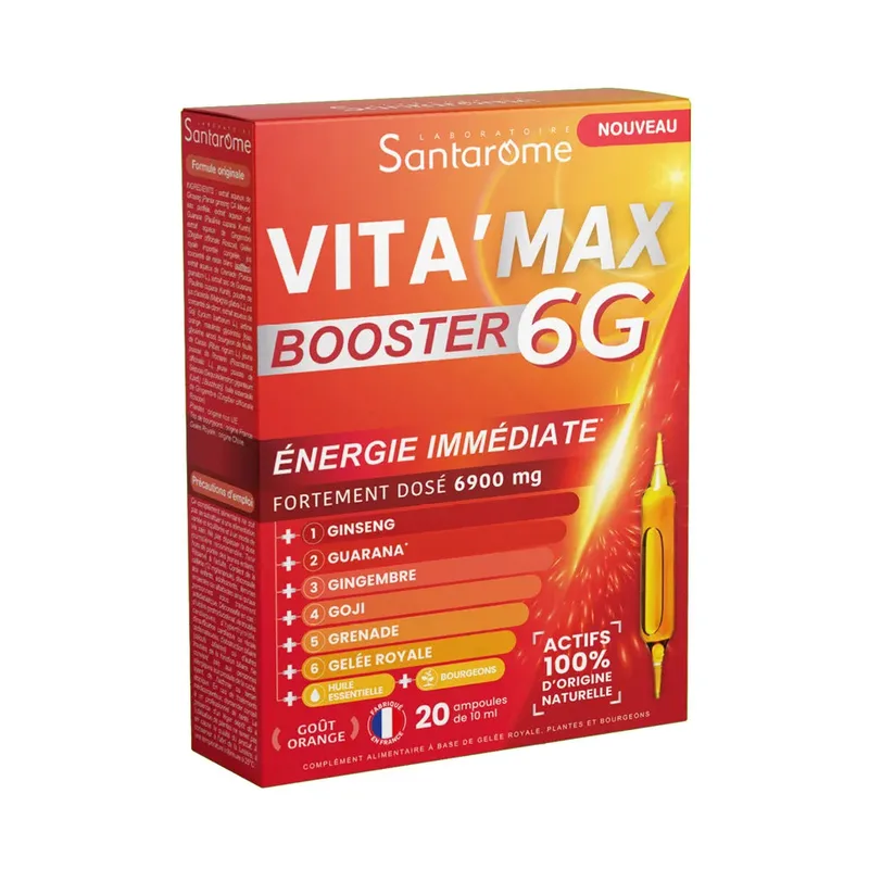 Santarome Vita'max Booster 6G Anti-fatigue 6000 mg of active ingredients Orange flavor 20 vials