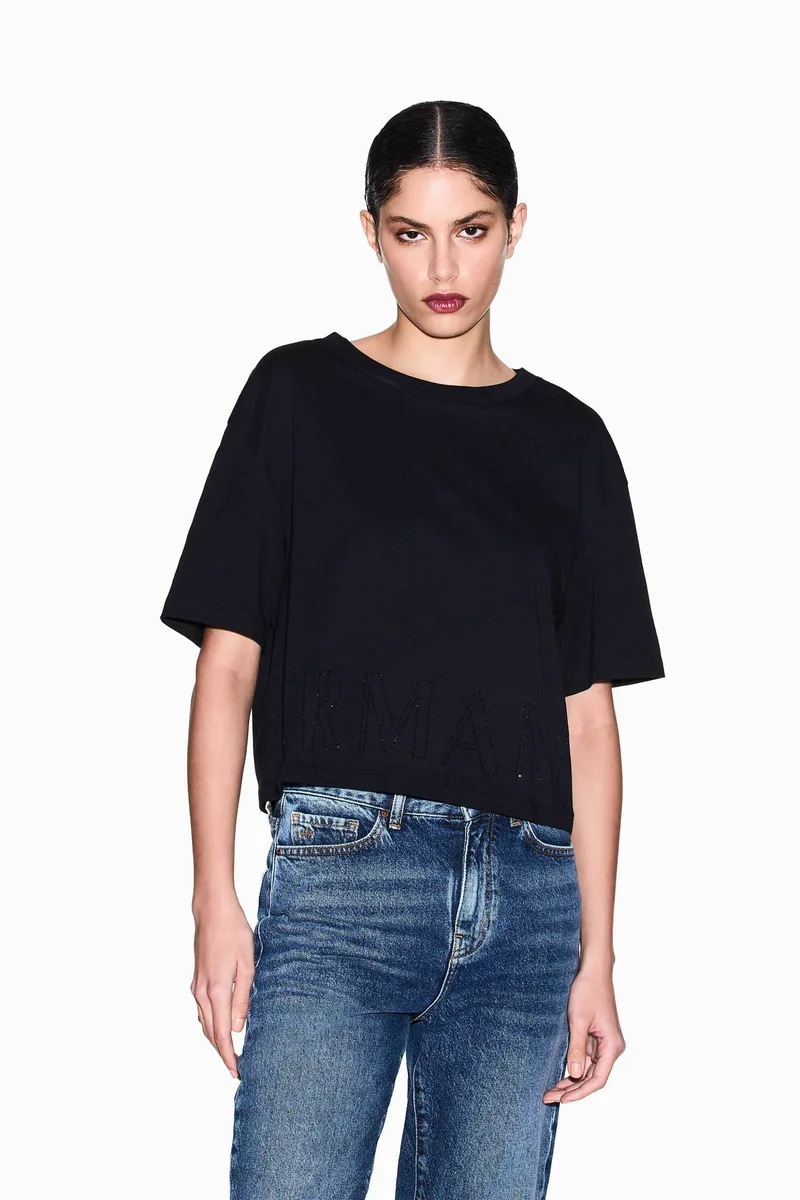 Armani Exchange γυναικείο cropped T-shirt με λογότυπο από στρας Regular Fit - XW001709AF17172 Μαύρο