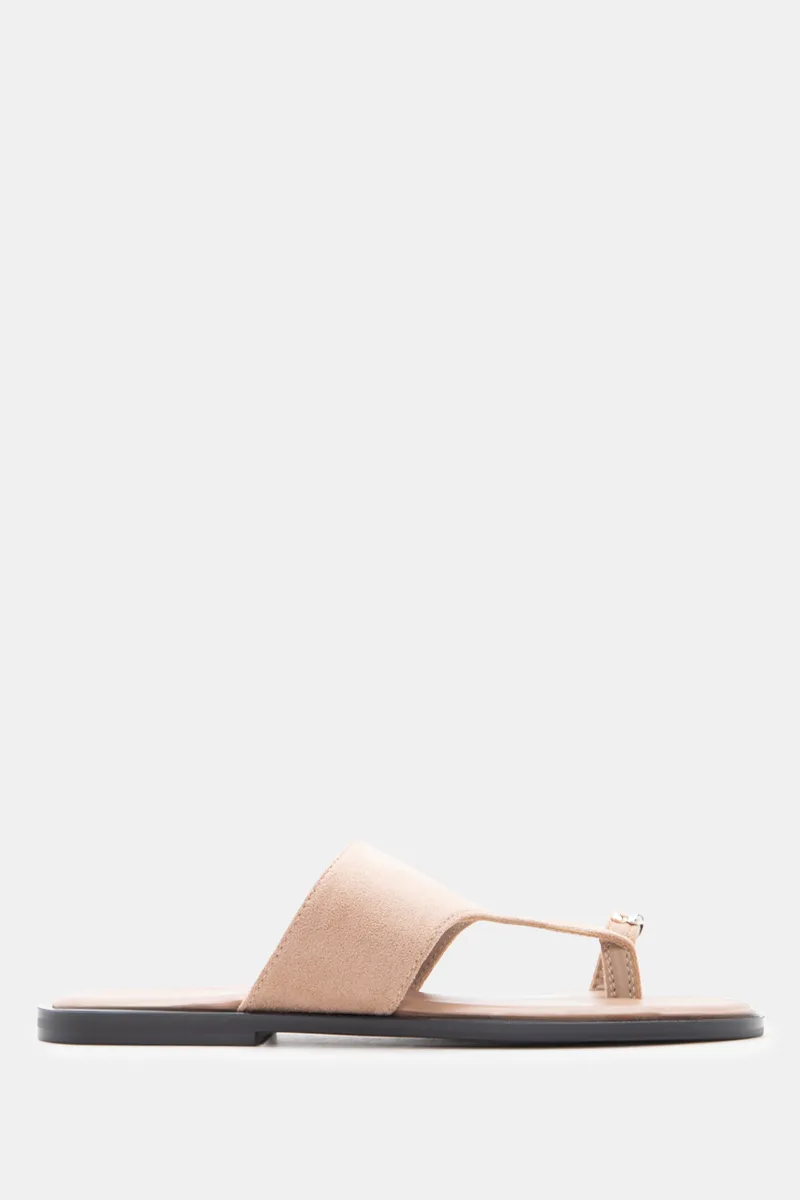 Flat Thong Σανδάλια με Μεταλλική Λεπτομέρεια - Μπεζ-Σκούρο