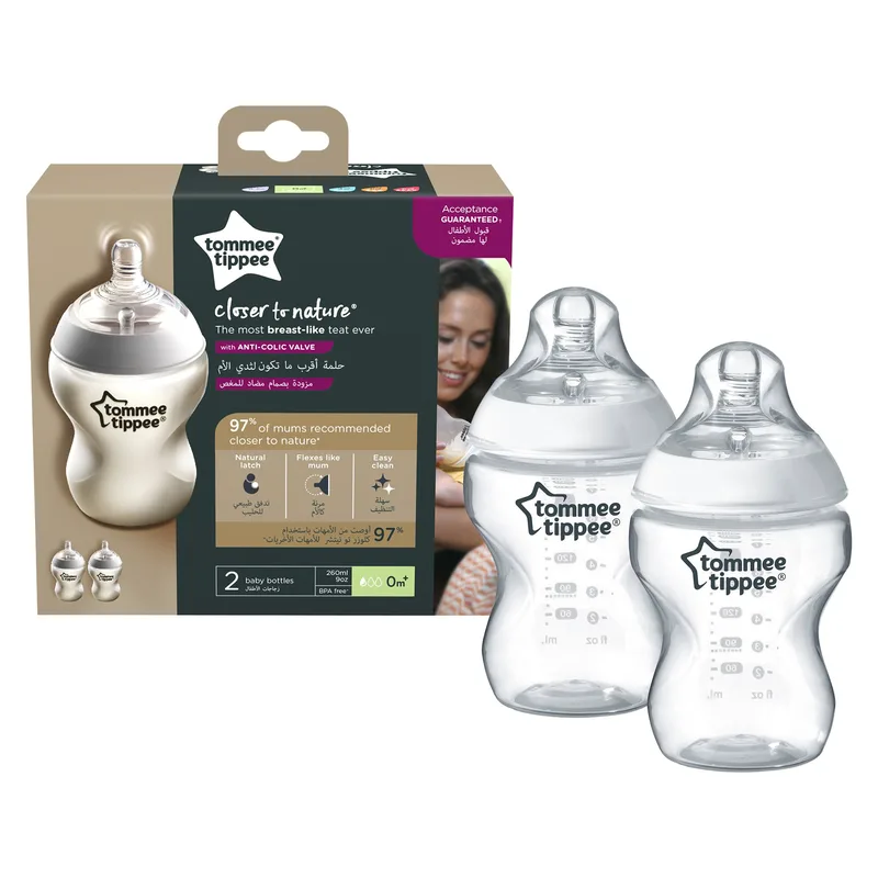 Tommee Tippee Closer to Nature Baby Bottle 0m+ Κωδ 42252085 Μπιμπερό Πολυπροπυλενίου Αργής Ροής με Θηλή Σιλικόνης Κατά των Κολικών 2x260ml
