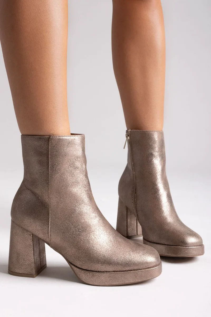 ERYNN Metallic Bronze Ankle Boots with Block Heel - M717 - Bronze Metallic