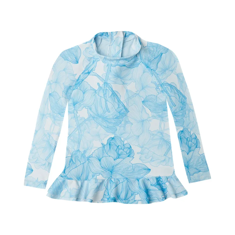 GIRL'S RASHGUARD RUFFLED FLOWERS BLUE