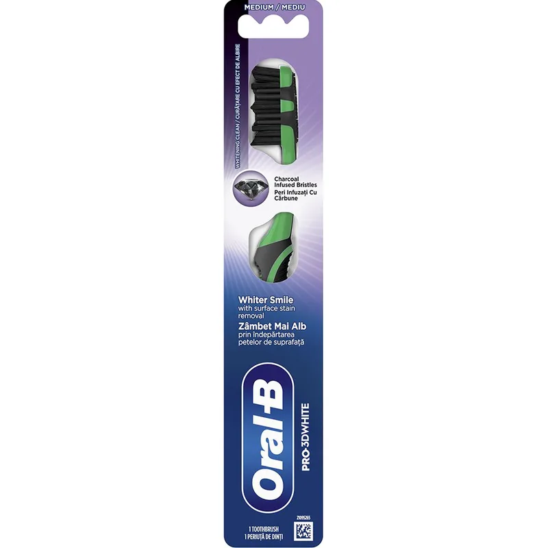 Oral-B Pro 3D White Charcoal Medium Toothbrush Χειροκίνητη Οδοντόβουρτσα με Μεσαίας Σκληρότητας Ίνες για Βαθύ Καθαρισμό & Λεύκανση με Ίνες από Ενεργό Άνθρακα 1 Τεμάχιο - Πράσινο