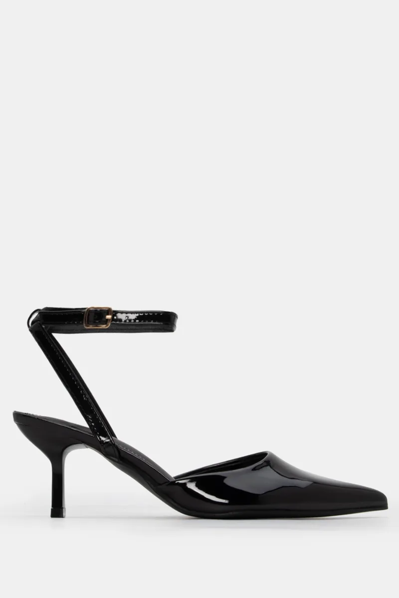 Γόβες Μυτερές Slingback με Μπαρέτα - Μαύρο-Λουστρίνι