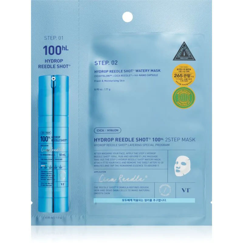 VT Cosmetics Hydrop Reedle Shot 100hL 2 Step Mask εντατικά ενυδατική μάσκα για θεραπεία επιδερμίδας δύο φάσεων 28.5 γρ