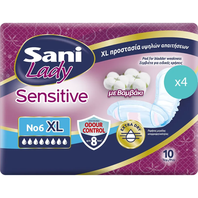 Σετ Sani Lady Sensitive No6 Extra Large Διακριτικές Γυναικείες Σερβιέτες Μεγάλου Μεγέθους με Βαμβάκι για Ελαφριά Μορφή Ακράτειας 40 Τεμάχια (4x10 Τεμάχια)