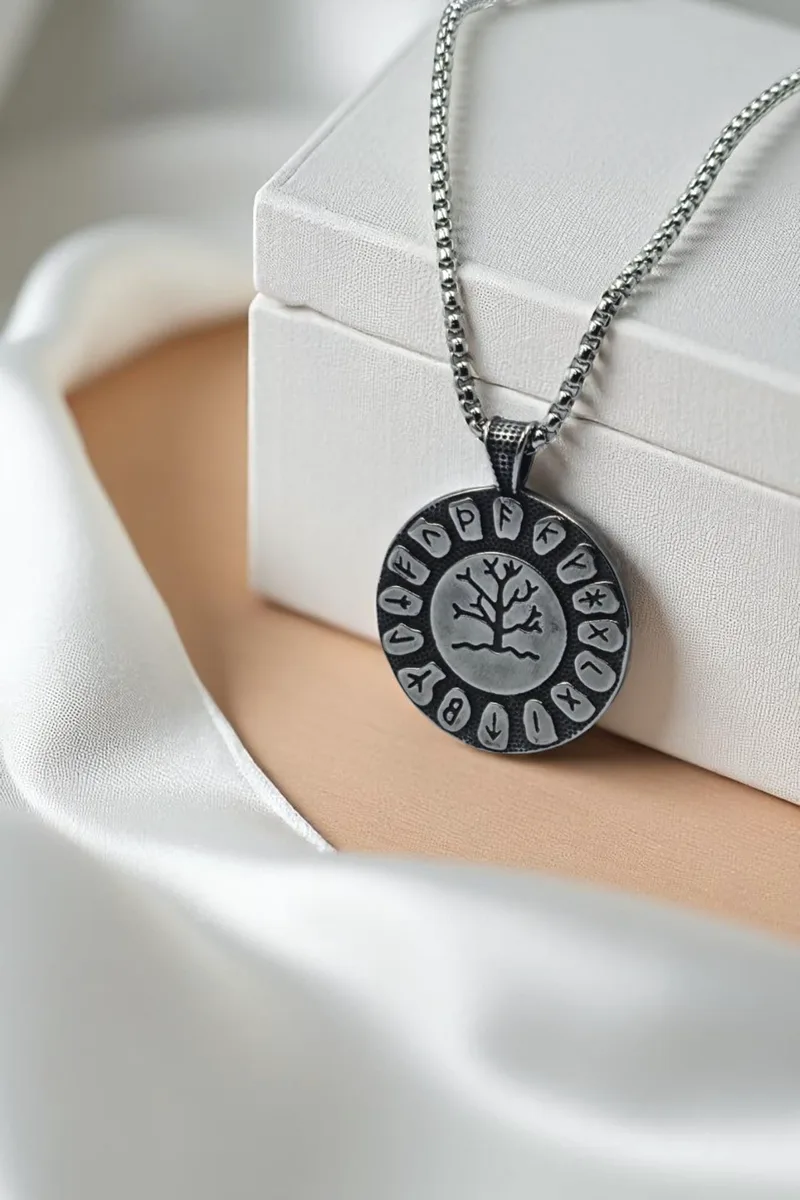 ΚΟΛΙΕ ΑΤΣΑΛΙ ΑΣΗΜΙ ΜΕΝΤΑΓΙΟΝ NORDIC VIKING TREE OF LIFE ΜΕ BOX CHAIN