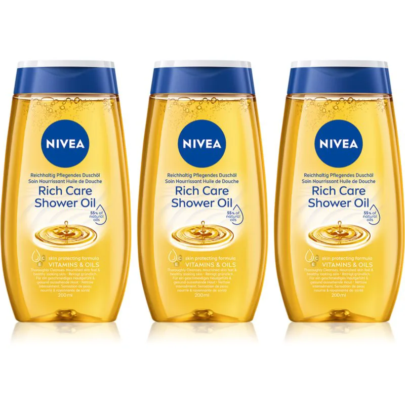 NIVEA Rich Care λάδι για ντους για ξηρό δέρμα 3 x 200 ml