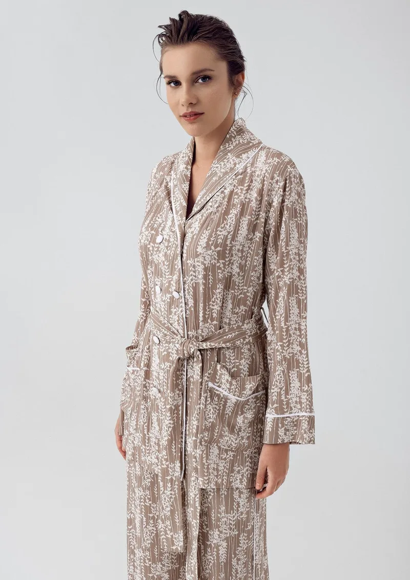 Σετ Πιτζάμας Viscose με Κουμπιά – Μπεζ Floral - Dark Μπεζ