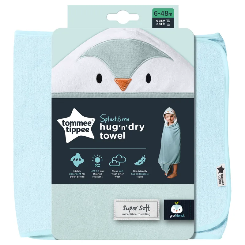 Tommee Tippee Splashtime Hug n Dry Towel Κωδ CBA1017 Πετσέτα Μπάνιου με Σχέδιο & Κουκούλα, που Στεγνώνει Γρήγορα 6-48m 1 Τεμάχιο - Percy the Penguin