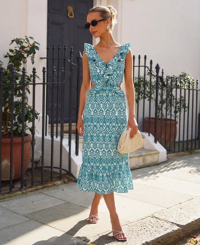 Green Ikat Ruffle Cutout Midi Dress | Size: 8