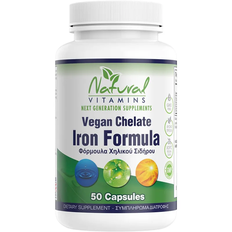 Natural Vitamins Vegan Iron Chelate Formula Συμπλήρωμα Διατροφής Φόρμουλας Χηλικού Σιδήρου για Αυστηρά Χορτοφάγους για την Υποστήριξη του Αιμοποιητικού Συστήματος, Αντιμετώπιση της Αναιμίας & Κατά της Κόπωσης 50caps