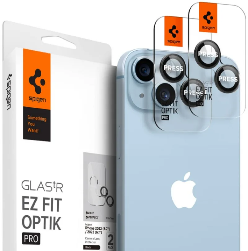 Spigen GLAS.tR EZ Fit OPTIK Pro Camera Lens Protector - Αντιχαρακτικό Προστατευτικό Γυαλί για Φακό Κάμερας Apple iPhone 15 / 15 Plus / 14 / 14 Plus - 2 Τεμάχια - Black (AGL05213)