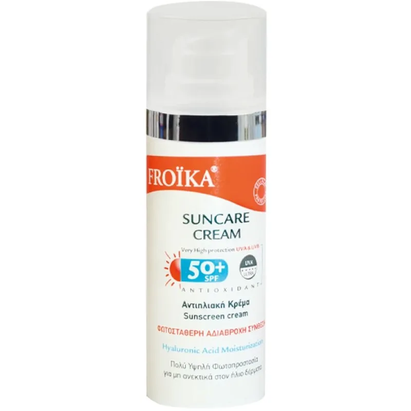 Froika Suncare Cream Spf50+ Αδιάβροχη Αντιηλιακή Κρέμα Προσώπου & Σώματος Πολύ Υψηλής Προστασίας με Υαλουρονικό Οξύ για Κάθε Τύπο Δέρματος, 50ml