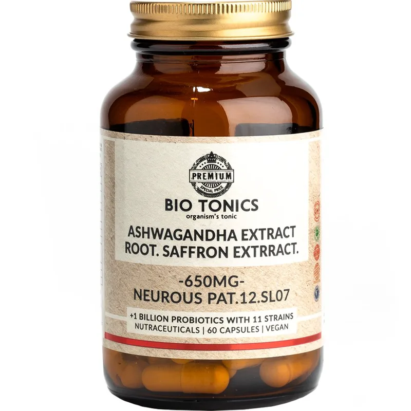 Bio Tonics Ashwagandha & Root Saffron Extract Συμπλήρωμα Διατροφής Εκχυλίσματος των Βοτάνων Ασβαγκάντας, Κρόκου & Ροδιόλας για Καλύτερη Διαχείριση του Άγχους & Ενίσχυση της Διάθεσης με Φυσικό Τρόπο 60caps