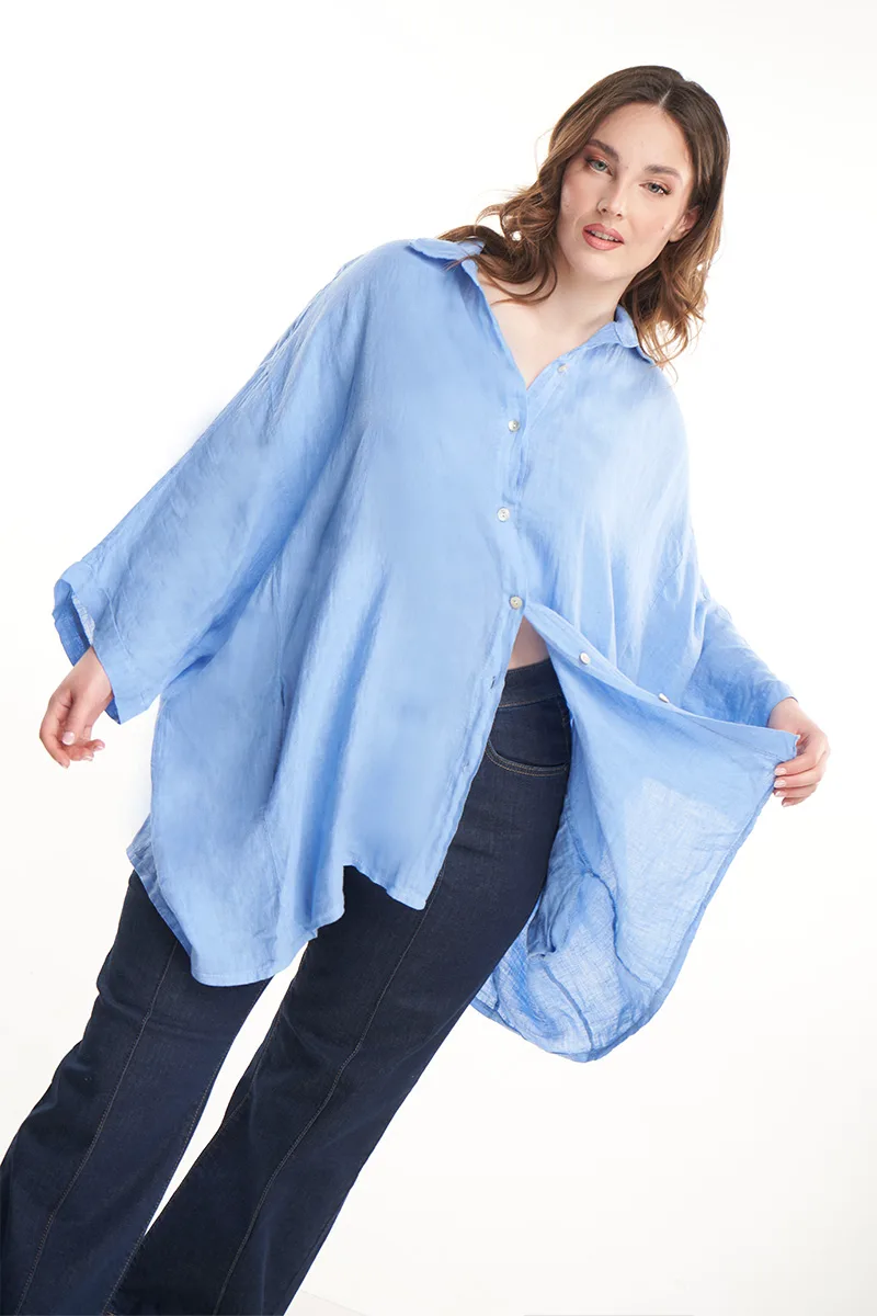 Πουκαμίσα λινή σε γαλάζιο χρώμα plus size