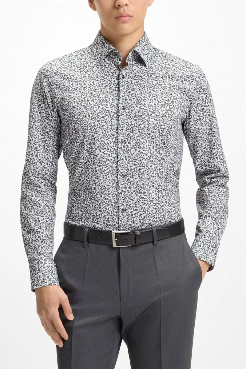 BOSS ΠΟΥΚΑΜΙΣΟ FLORAL SLIM FIT STRETCH H-HANK-KENT-C1-214 ΛΕΥΚΟ-ΠΡΑΣΙΝΟ