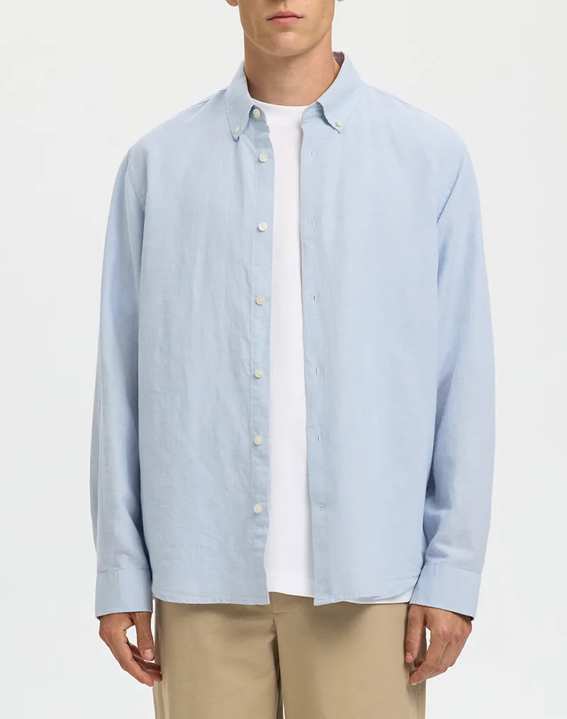 SELECTED SLMREGCLAUS CLAY LINENBLEND LS SHT NOOS 16100084-Dusty BlueMixedwwhite LightBlue
