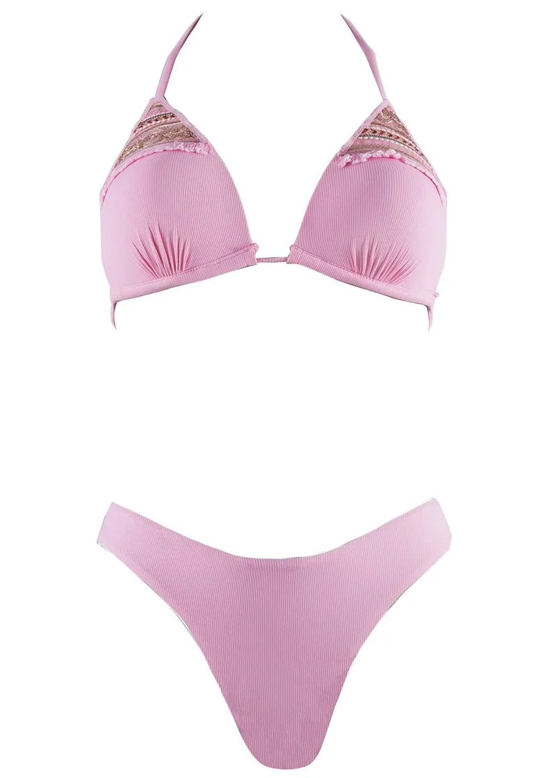 Σέτ μαγιό ενισχυμένο τρίγωνο bikini κανονική γραμμή. Καλύπτει B cup ΡΟΖ