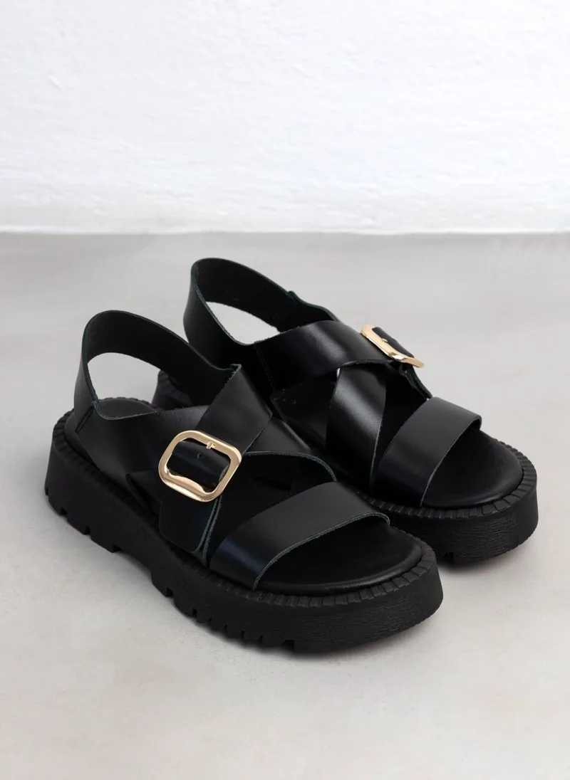 TFP Leather Crossover Flatform Sandals - 2940 - Black