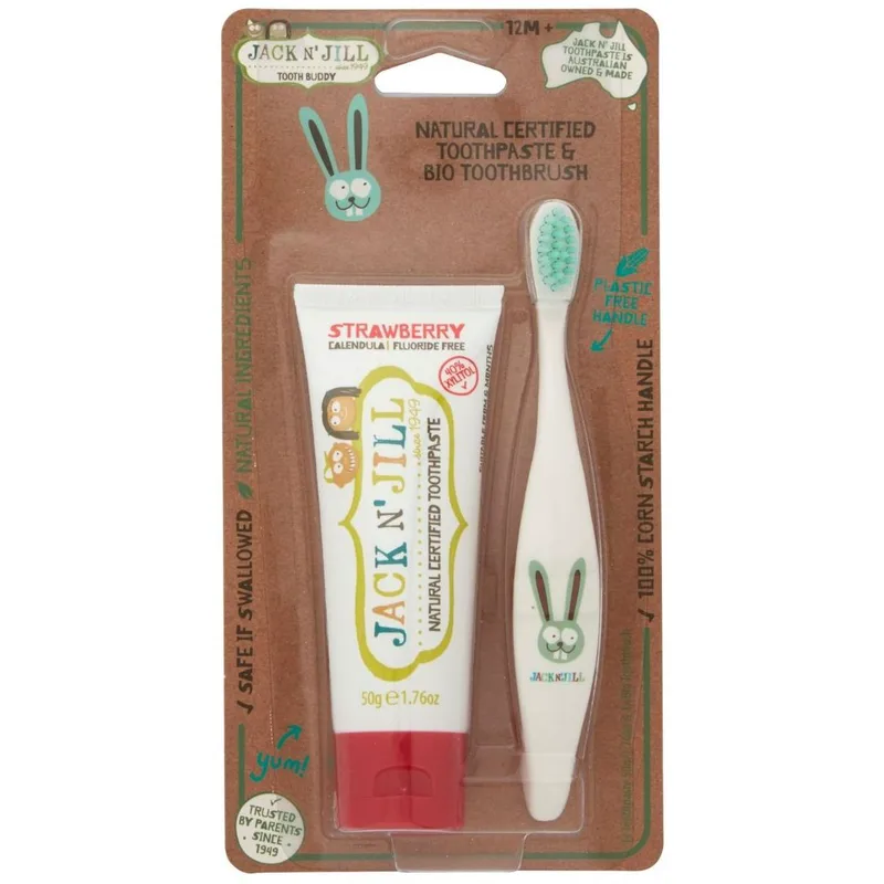 Jack n’ Jill Natural Certified 6m+ Toothpaste Strawberry 50g & Kids Bio Toothbrush Extra Soft Οδοντόβουρτσα Λαγουδάκι 1 Τεμάχιο