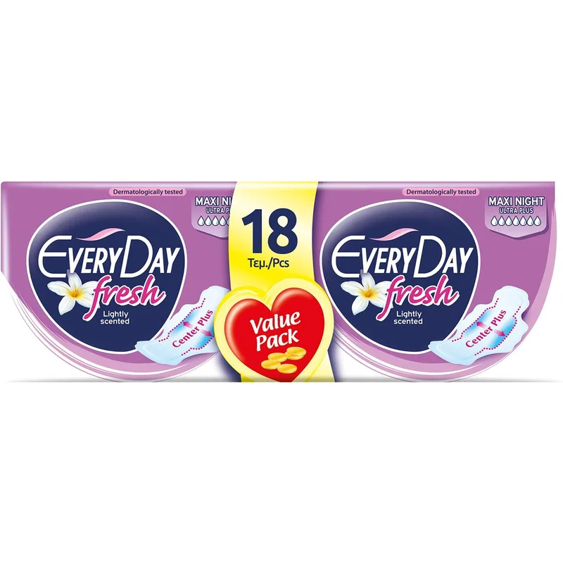 Every Day Fresh Maxi Night Ultra Plus Value Pack Μεγάλου Μήκους Λεπτές Σερβιέτες με Φτερά Προστασίας για Χρήση Κατά τη Διάρκεια της Νύχτας 18 Τεμάχια