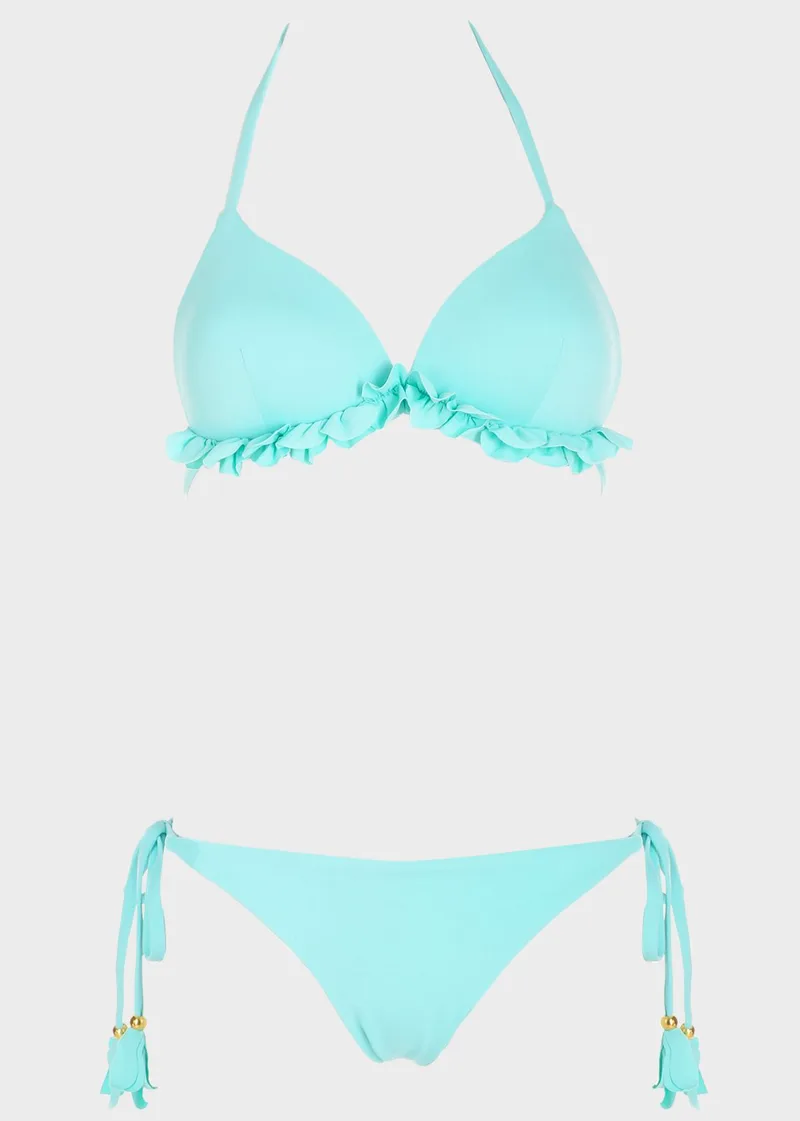 Set bikini τριγωνάκι μονόχρωμο με βολάν. Καλύπτει C Cup ΜΕΝΤΑ